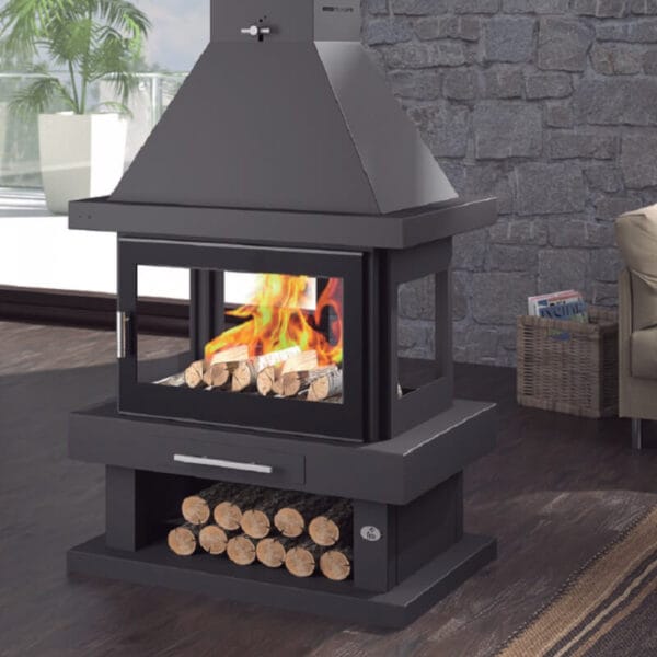 FM Cheminée métallique centrale C-104 K 13,5kW avec porte en verre sérigraphié – Image 3