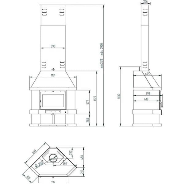 FM Cheminée d'angle C-300 RK 10,4kW avec porte en fonte et verre sérigraphié – Image 3