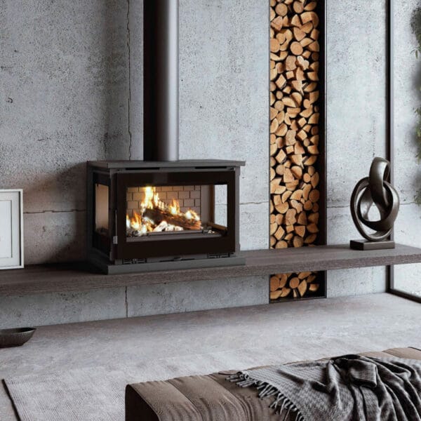 FM Poêle à bois panoramique suspendu M-183 FK 13kW foyer fonte – Image 2