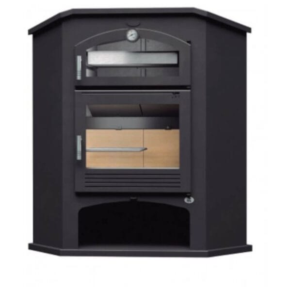 FM Poêle à bois d'angle M-106 R 9,5 kW avec portes en fonte et four inox